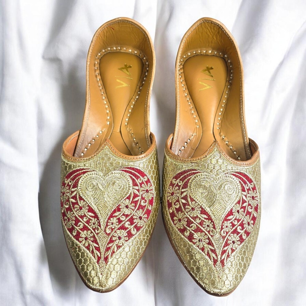 Jutti Khussa Shoes Size‎ 6 Mens Gold Red Heart Embroidered Leather 10.5 Insole